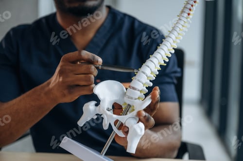 Preview: showing the problematic on the spine model. Professional doctor is in his office indoors