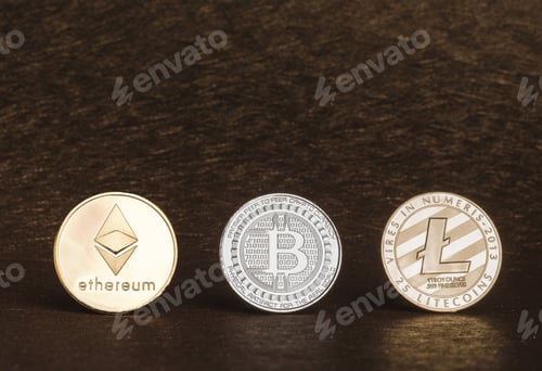 Preview: Cryptocurrency litecoin,Silver Bitcoin,Ethereum on golden rough background