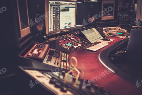 Preview: Close-up of boutique recording studio control desk.