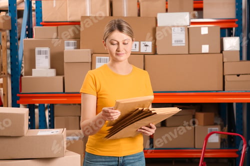 Preview: Post office worker with adhesive paper bags near rack indoors