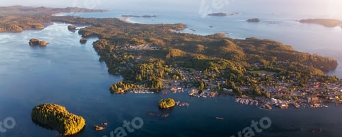 Preview: Vibrant Landscape on the West Coast of Pacific Ocean. Dramatic Sunset. Tofino. Aerial
