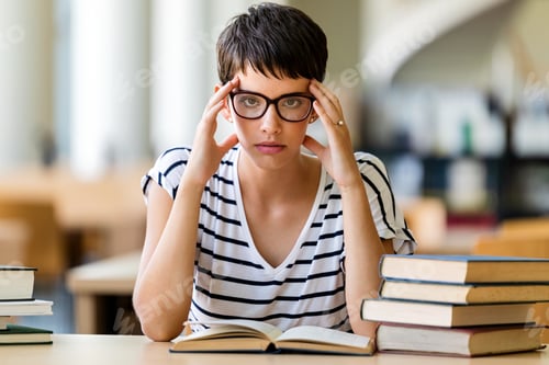 Preview: Exhausted young female studying and preparing for exam in college library. Education people concept
