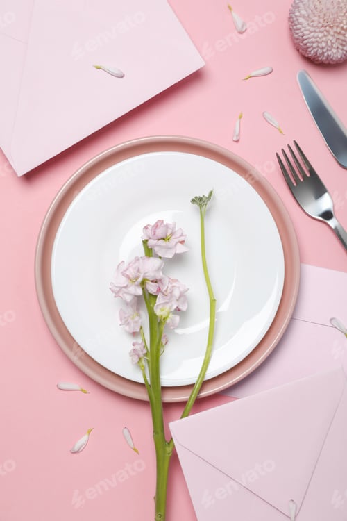 Preview: Concept of spring season table setting, top view
