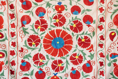 Preview: Part Of Carpet Texture, Abstract Ornament. Floral Traditional Embroidery On Light Carpet. Handmade