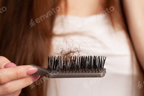 Preview: Young woman with comb worried about hair loss