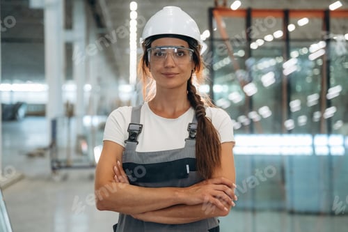 Preview: Arms crossed, standing and posing. Woman is in the window making factory