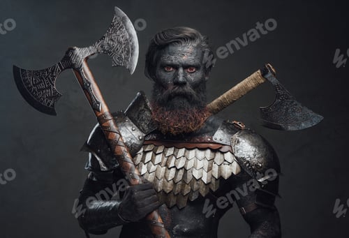 Preview: Fearful and muscular warrior with scorched skin and double axe