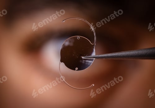 Preview: Intraocular lens held by tweezers with a blurred eye in the background.