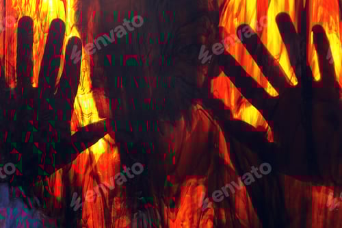 Preview: Craftsman artisan silhouette behind stained glass master male checking through surreal abstract