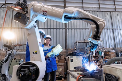 Preview: In robotic maintenance shop an engineer hold controller operate robot arm welding fire spark