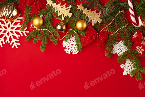 Preview: Christmas decorations background on red with copy space
