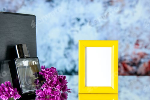 Preview: front view black fragnance with yellow picture frame on light background scent color perfume flower