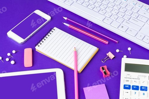 Preview: Back to school concept. School and office supplies on office table