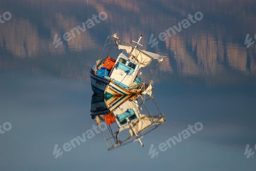 Preview: Scenic view of a rusty blue boat in a lake
