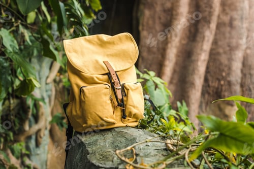 Preview: close-up shot of vintage yellow backpack on rock in jungle