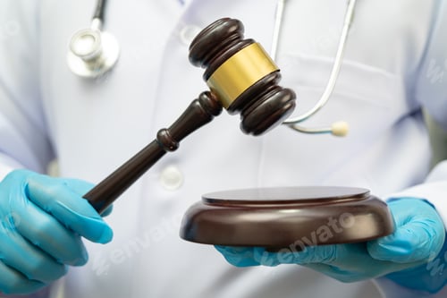 Preview: Doctor holding judge gavel, forensic medicine, medical law and crime justice.