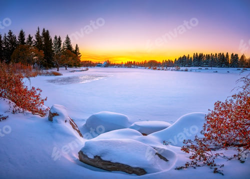 Preview: Vibrant winter landscape. Frozen lake