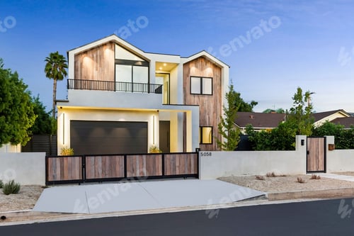 Aperçu: Modern house with wooden facade at sunset