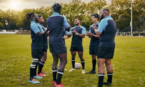 Preview: Diversity, team and men applause in sports for support, motivation or goals on grass field outdoors