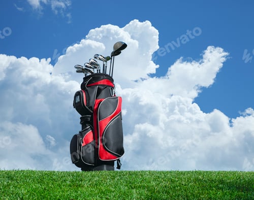 Preview: Red Golf Bag and Clubs on a Hill with Clouds and Sky