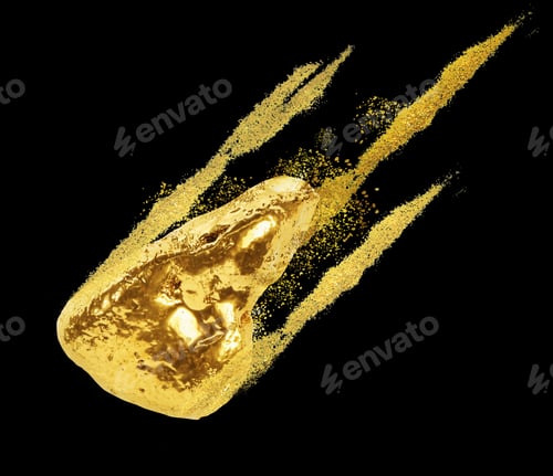 Preview: Gold nugget and shiny glitter as comet on black background