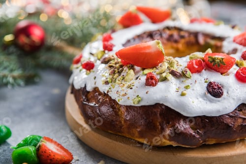 Preview: Epiphany cake, Kings cake, Roscon de reyes or Rosca de reyes. Traditional spanish christmas cake.