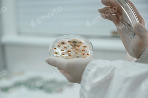 Preview: Lab worker is holding container with trichoderma and sclerotinia