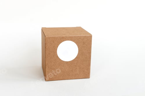 Preview: Round sticker mockup on gift square craft box, tech box and blank sticker, adhesive label