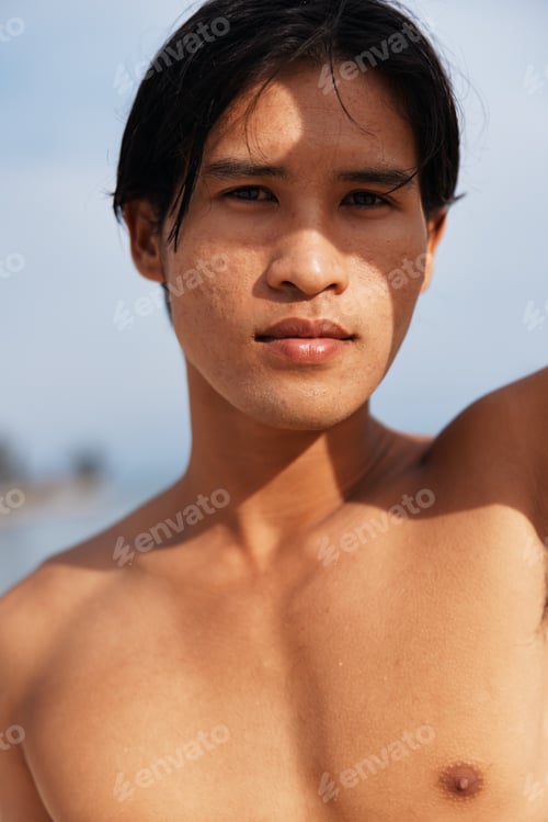 Preview: Active Asian Athlete Enjoying Sunset Run on the Beach: Muscular Man Embracing the Wellness of