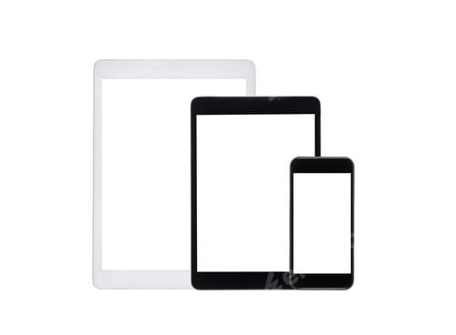 Preview: set of tablet computers and smartphone with blank screens isolated on white