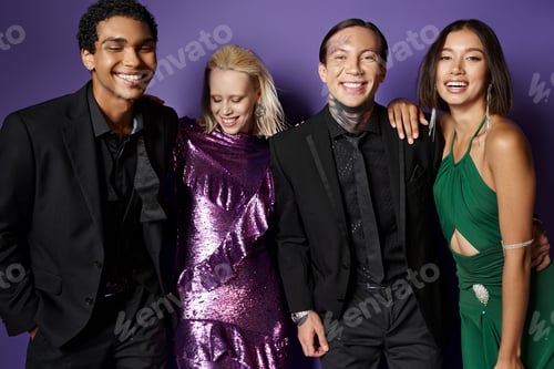 Preview: New year 2024, joyful multiethnic male and female friends in festive attire laughing on purple