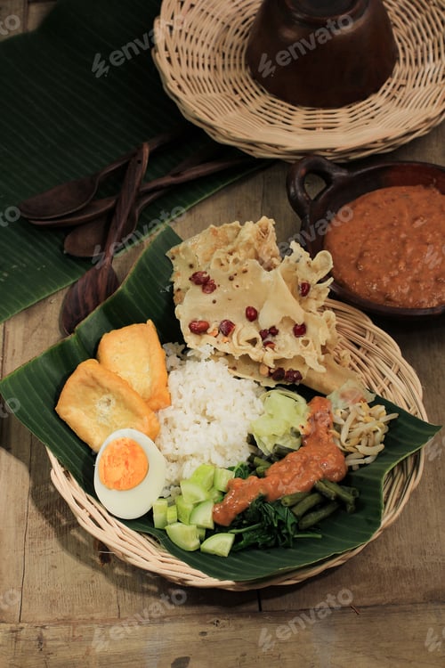 Preview: Nasi Pecel. Traditional Javanese Rice Dish of Steamed Rice with Vegetable Salad