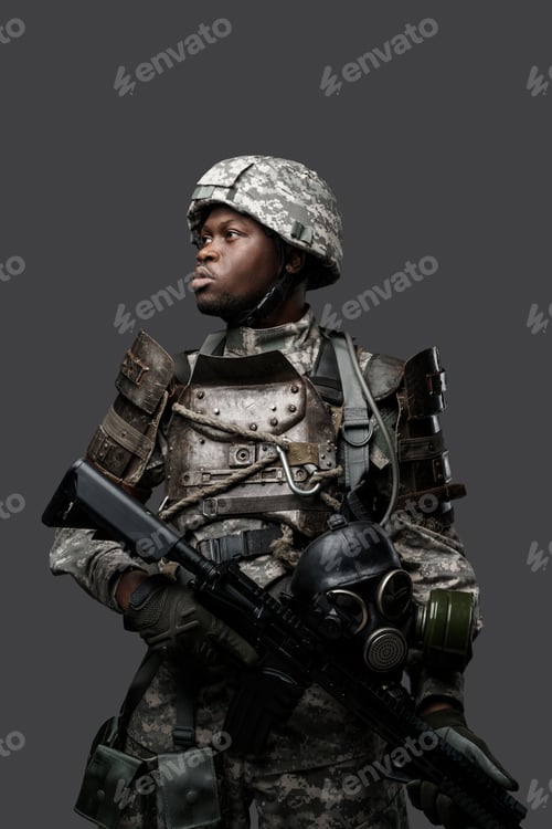 Preview: Black army soldier with rifle isolated on dark gray background