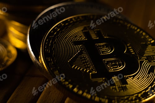 Preview: Closeup shot of gold and silver bitcoins scattered on a surface illuminated with bright light