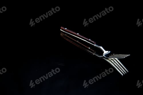 Preview: Top view of elegant shiny metal fork on the left side on black background with free space