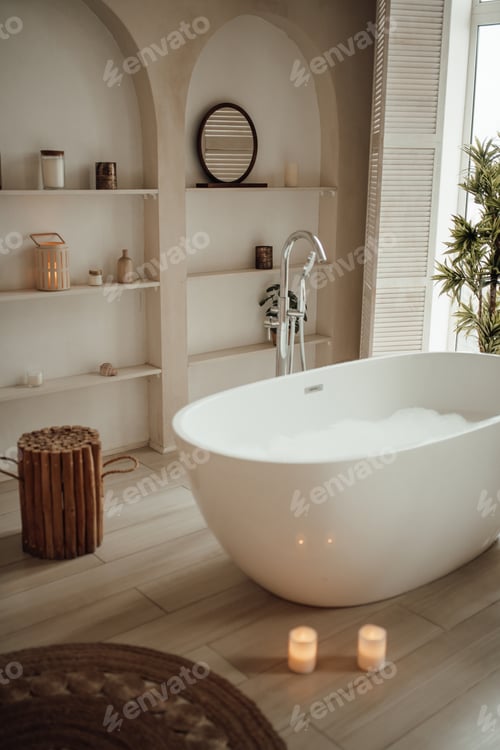 Preview: Soft native hues organic shapes look of bathroom with big window oval bathtub in neutrals tones