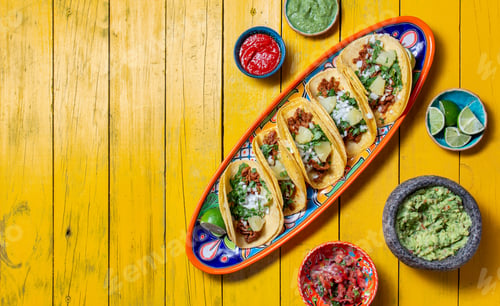 Preview: Mexican background with tacos al pastor and mexican sauces.
