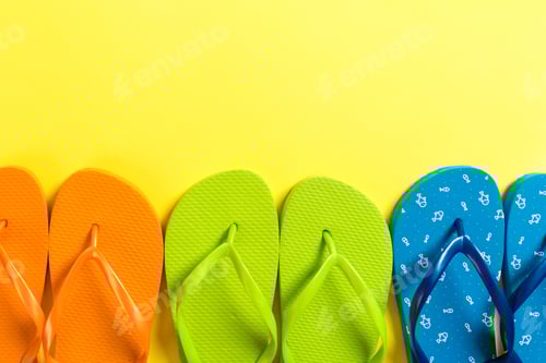 Preview: a lot of flip flop colored sandals, summer vacation on colored background, copy space top view