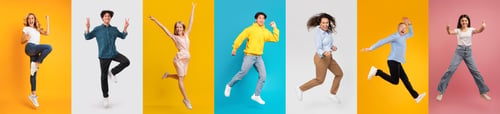 Preview: Joyful Group of People Jumping Against Colorful Backdrop