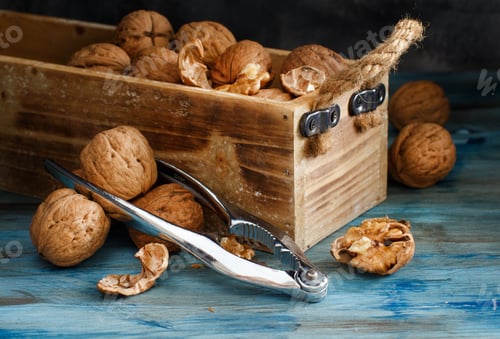 Preview: Fresh walnuts on a blue wooden table