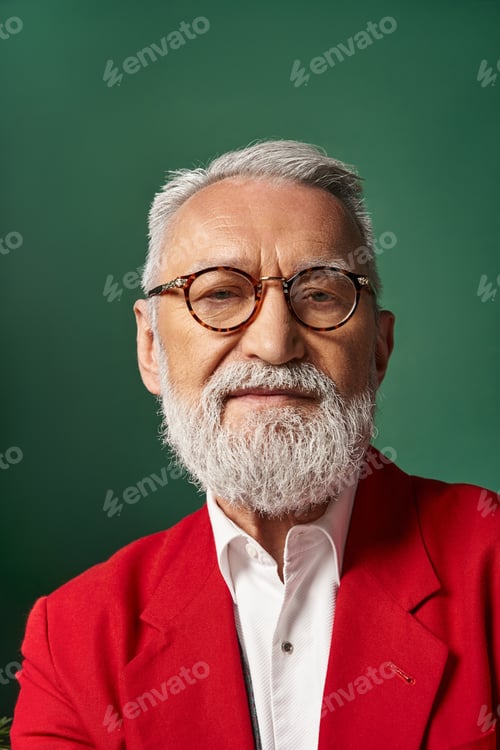 Preview: portrait of elegant Santa in glasses with white beard and looking at camera, winter concept
