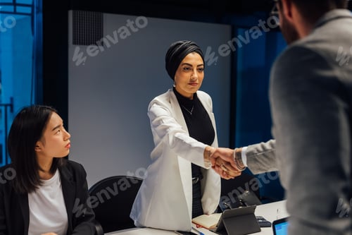 Vista previa: Empresaria y cliente masculino estrechando las manos sobre la reunión de la mesa de conferencias