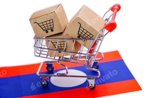 Preview: Box with shopping cart logo and Laos flag