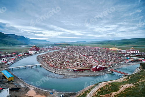 Preview: Elevated view of river and valley town, Baiyu, Sichuan, China