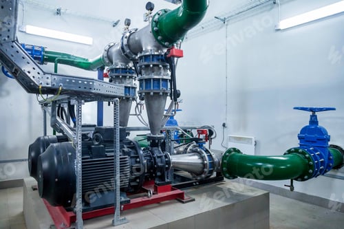Preview: Industrial interior of water pump, valves, pressure gauges