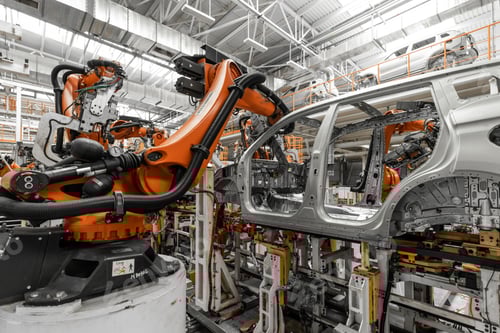 Preview: Photo of automobile production line. Welding car body. Modern car assembly plant. Auto industry