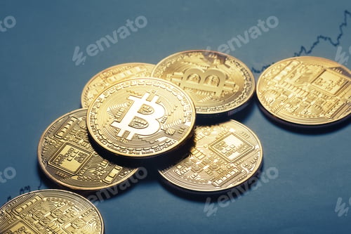Preview: Virtual currency bitcoin lies on paper with a growing graph