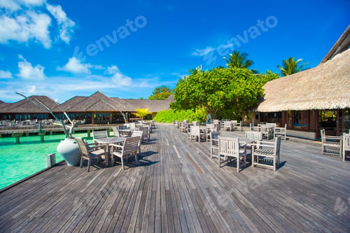 Preview: Summer empty outdoor cafe at exotic island on the seashore