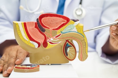 Preview: Male reproductive system, Asian doctor holding human anatomy model