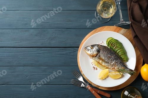 Preview: Plate with baked Dorado fish on garnished wooden background, top view